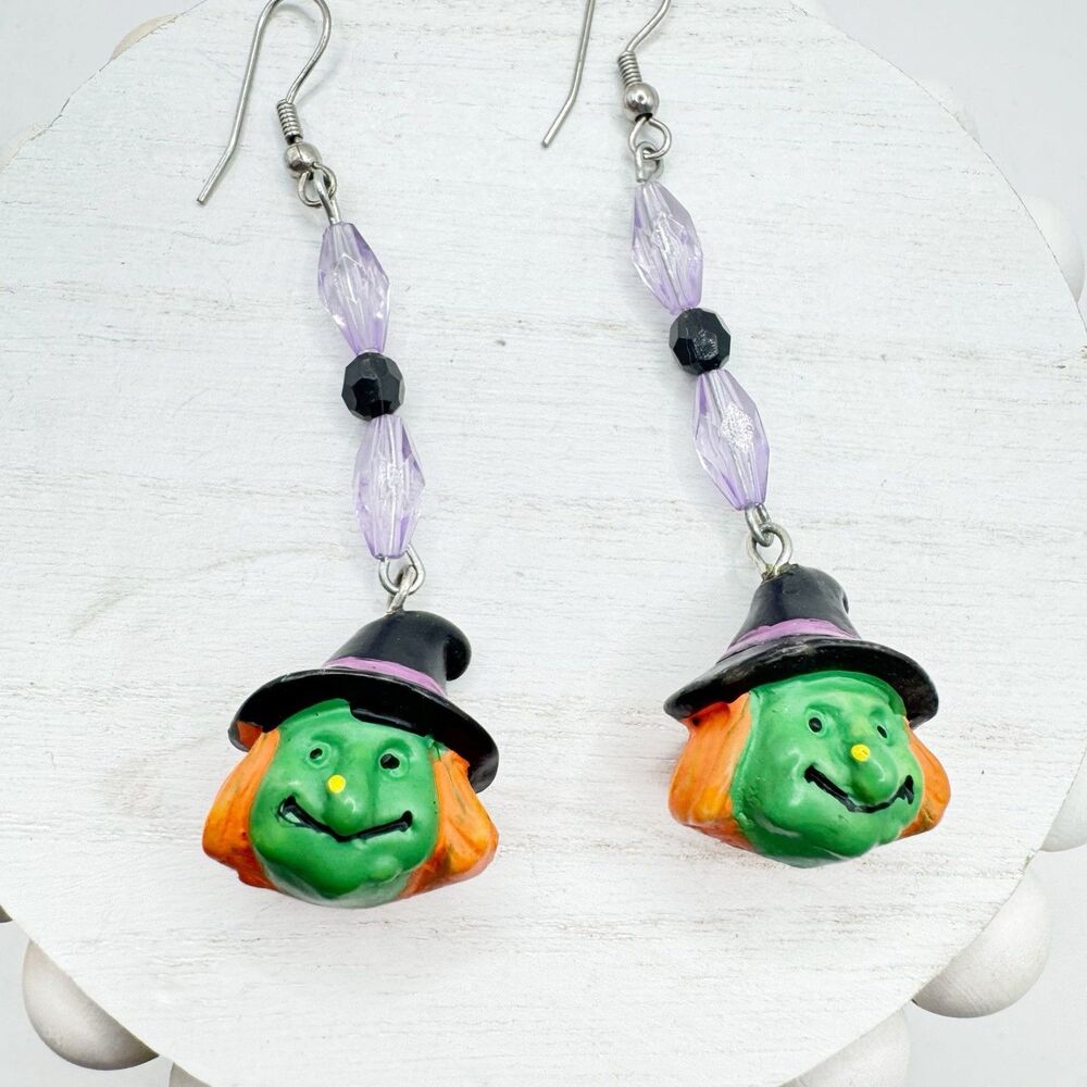 Halloween Earrings Green Witch Face Long Beaded Dangle